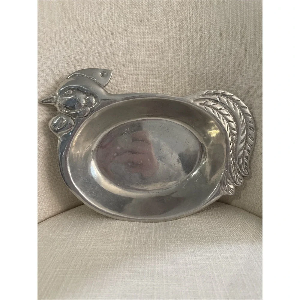 Cast Aluminum Chicken Serving Bowl Hen Romex Silver CandyDish Bread Bowl Trinket